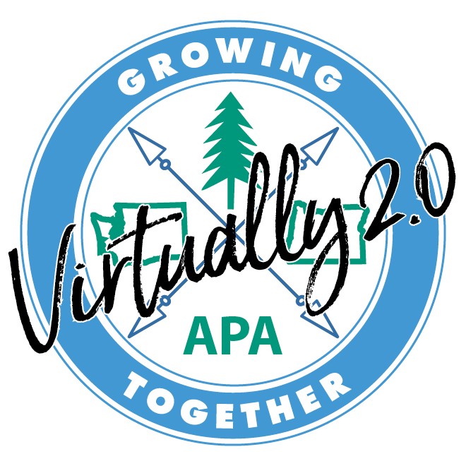 Conference Logo: Two crossed compass arrows with a green outline of Washington and Oregon states, a green silhouette of a pine tree, and APA in green text. Bordered by a blue ring with the text "Growing Together Virtually 2.0" 